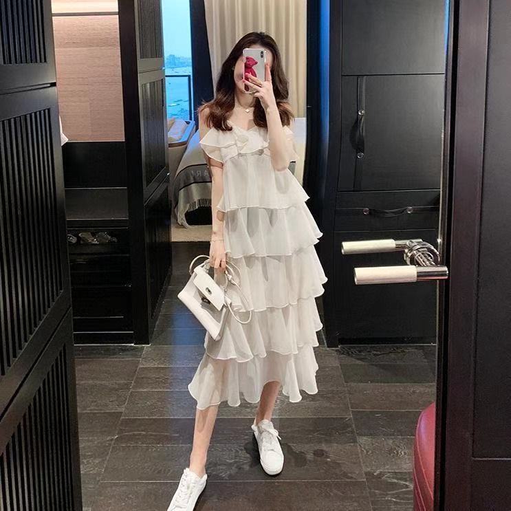 X Đầm Chiffon Trắng Xếp Tầng Thời Trang Cho Nữ