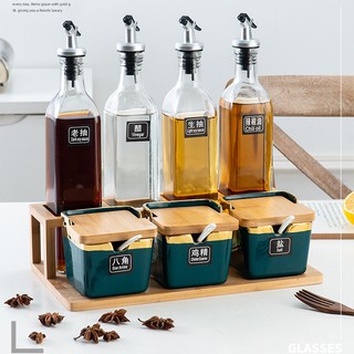 Bộ đựng gia vị thủy tinh nhiều món ⭐𝗖𝗔𝗢 𝗖𝗔̂́𝗣⭐ Bộ gia vị chai thủy tinh và hộp sứ vuông có nắp tiện lợi YOLO HOME