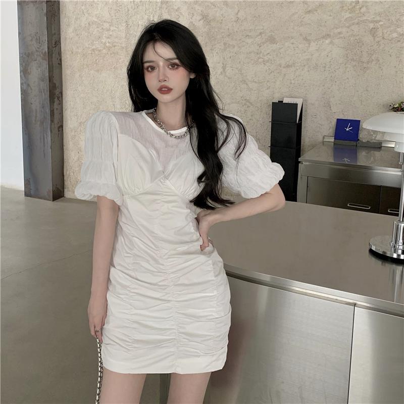 Đầm Tay Phồng Ngắn Màu Trắng Thời Trang Mùa Hè Phong Cách Pháp Kiểu Mới Cổ Điển Cho Nữ