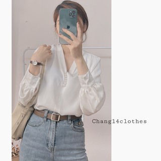 Áo sơ mi lụa cổ v đính ngọc dài tay công sở