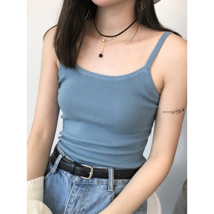 Áo kiểu ZHELIHANGFEI hai dây dệt kim dáng ngắn ôm vừa vặn phong cách Hong Kong retro quyến rũ thời trang cho học sinh nữ