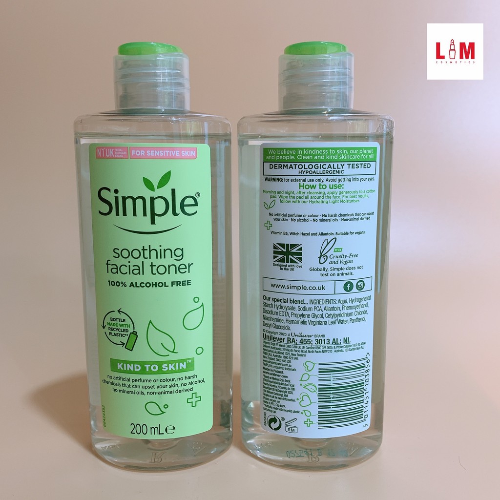 Nước hoa hồng cân bằng ẩm cho da Simple Smoothing Facial Toner 200ml [Chính Hãng]