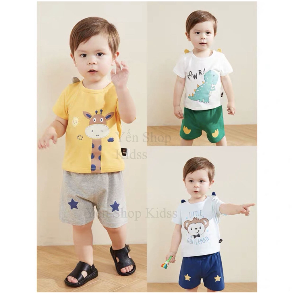 Bộ Cộc Tay Cotton 100 % Minky Mom In Họa Tiết Ngựa Vàng- Khủng Long Xanh Cho Bé (SP001312)