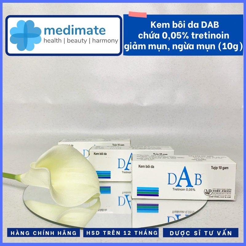 Kem bôi da DAB tretinoin 0,05% giảm mụn, giảm sạm da, sáng da (tuýp 10g)