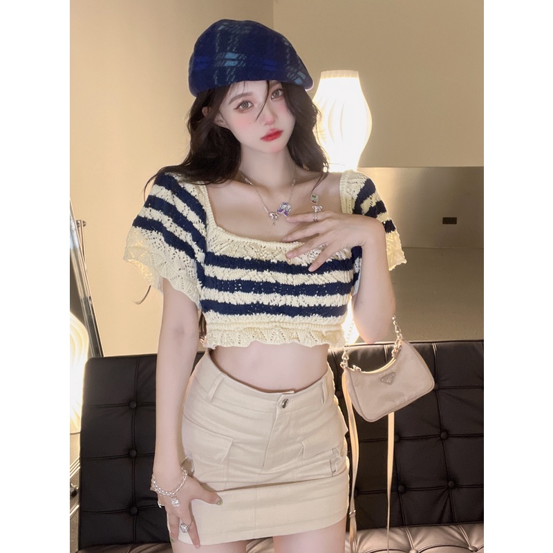 Áo Thun Nữ Ngắn Tay Cổ Tròn Sọc Ngang Thời Trang Hàn