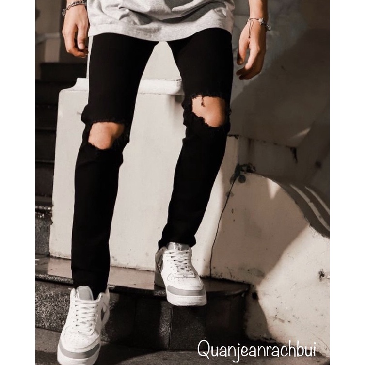 Quần Jeans Skinny Đen Rách To Ngang Gối ( rách to)