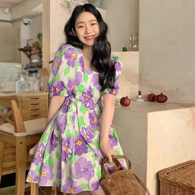 Đầm Tay Phồng Cổ Vuông Họa Tiết Hoa Xinh Xắn Phong Cách Hàn Quốc