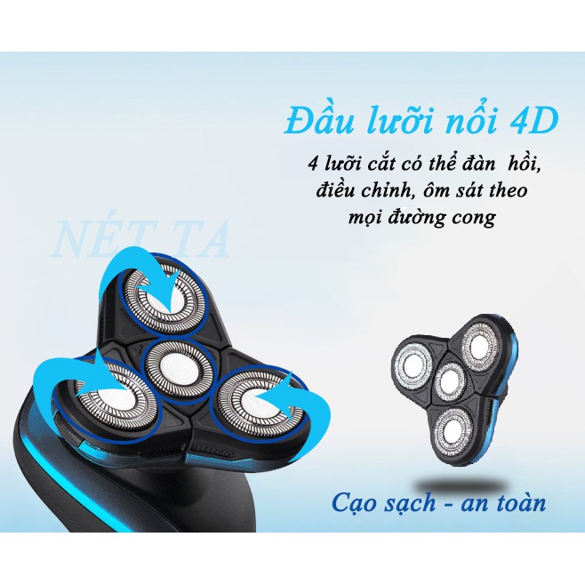 Máy cạo râu 4 lưỡi cao cấp kemei 58890, chống thấm nước IPX4 - đế sạc - màn hình thông minh (xanh phối đen)