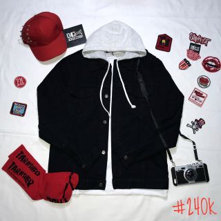 Áo khoác jeans đen kèm nón tháo lắp được