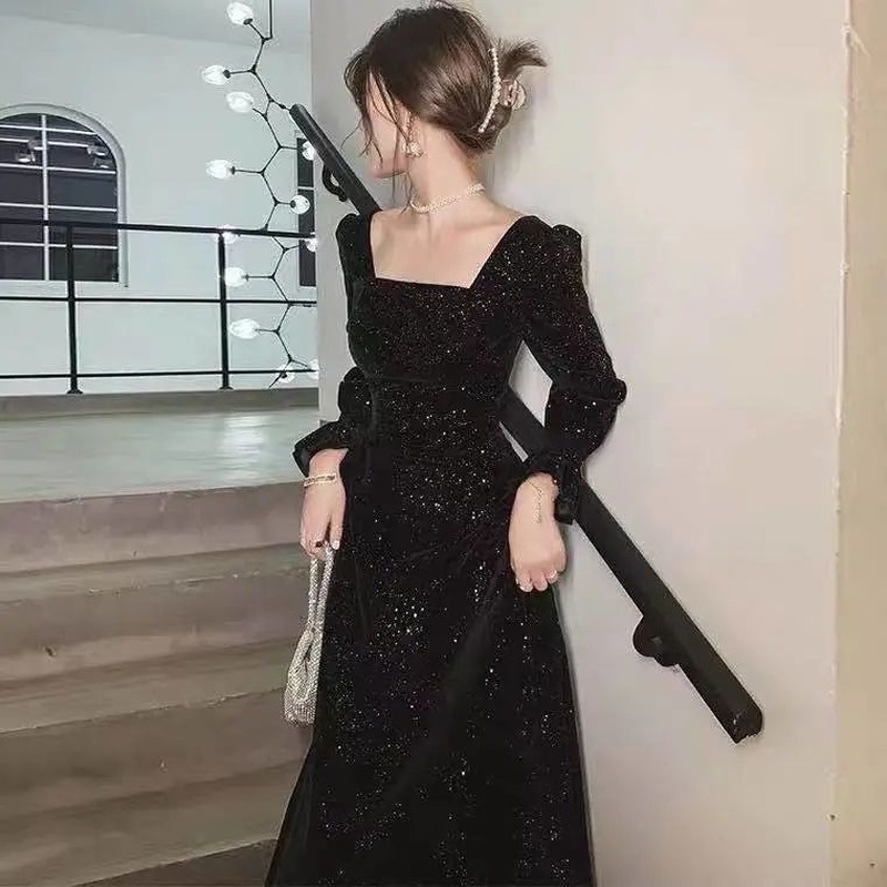 Đầm dài cổ vuông màu đỏ rượu thời trang thu đông thanh lịch dành cho nữ