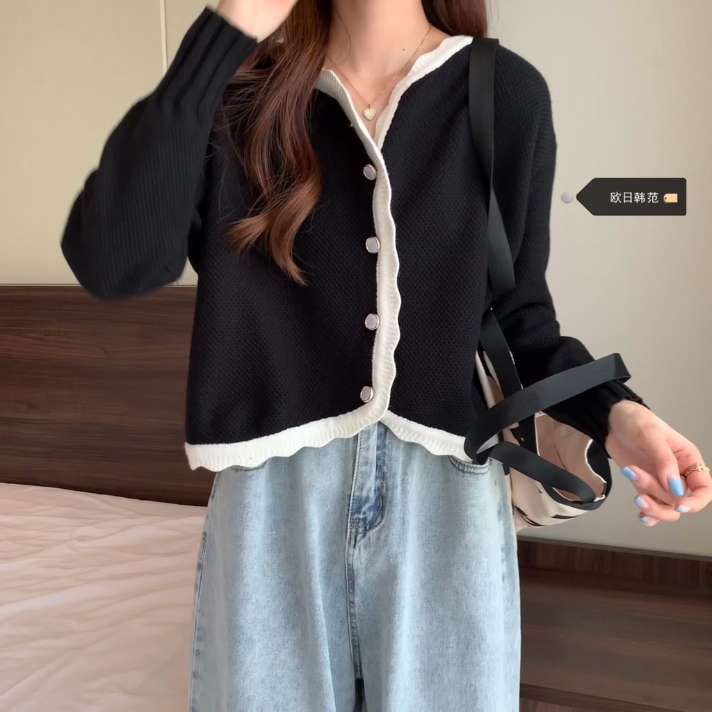 ✨Áo Khoác Cardigan Dệt Kim Cổ Ren Gợn Sóng Màu Đen Nhẹ Nhàng Thời Trang Mùa Thu Hàng Mới 2022 Dành Cho Bạn Nữ