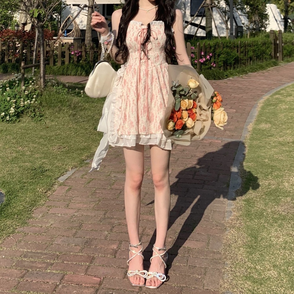 2022 Phong Cách Mới Mùa Hè✨✨ Đầm Hai Dây Họa Tiết Hoa Ngọt Ngào Dễ Thương Cho Nữ✨✨ Váy Ngắn