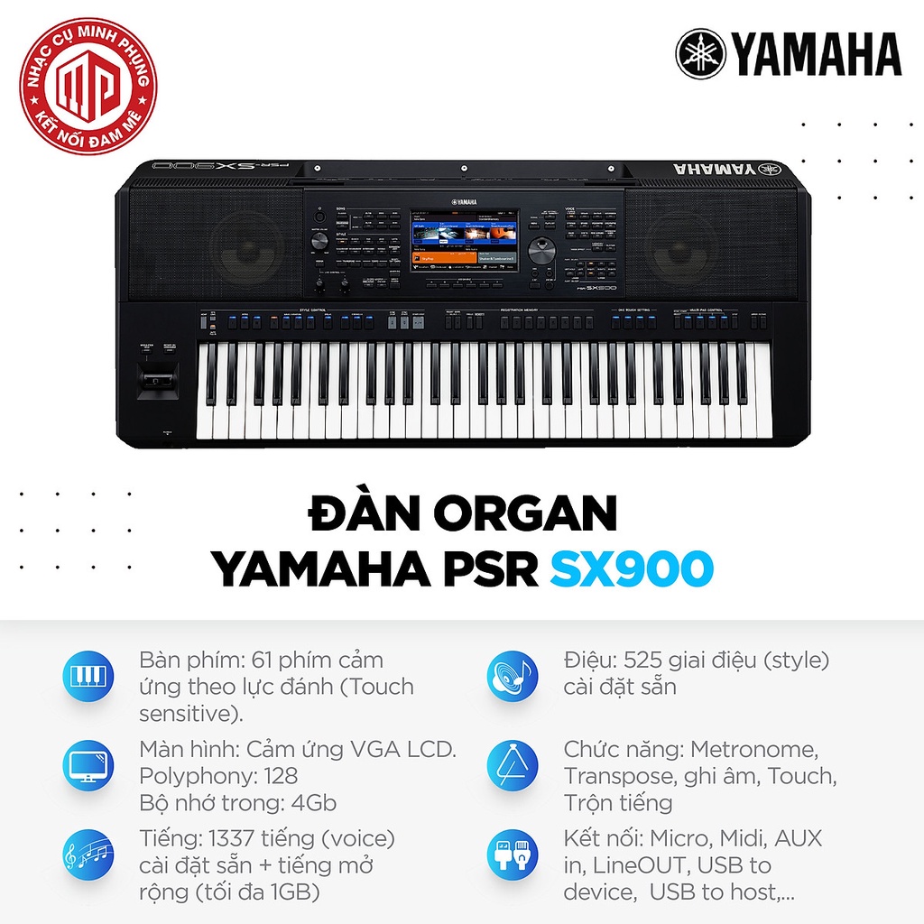 Trọn bộ Đàn Organ Yamaha PSR SX900 Màu đen Hàng chính hãng (Đàn, Giá nhạc, Adapter, Sách HDSD)