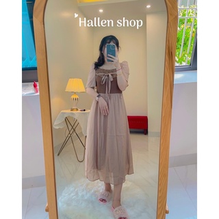 Váy cổ vuông tay bồng dáng xoè