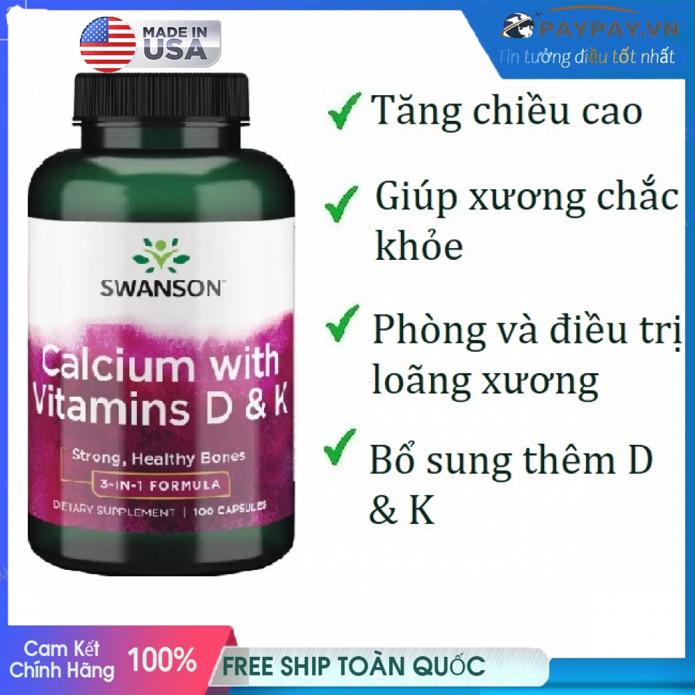 Giúp tăng chiều cao & phòng loãng xương Swanson Calcium with Vitamins D & K