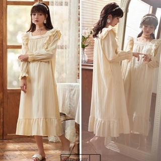 Đầm Ngủ Cotton Dài Tay Phối Ren Hoa Xinh Xắn Cho Nữ