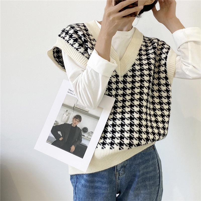 Áo Sweater Dệt Kim Cổ Chữ V Màu Sắc Tương Phản Phong Cách Retro Hợp Mùa Thu Đông