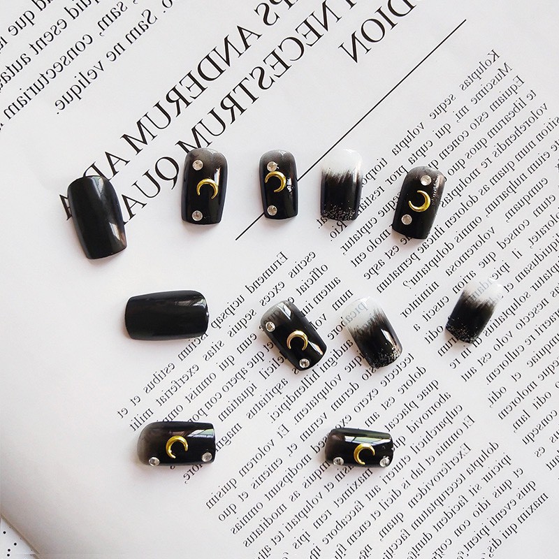 Set 24 móng giả cao cấp NailMây D1 black đính đá và charm