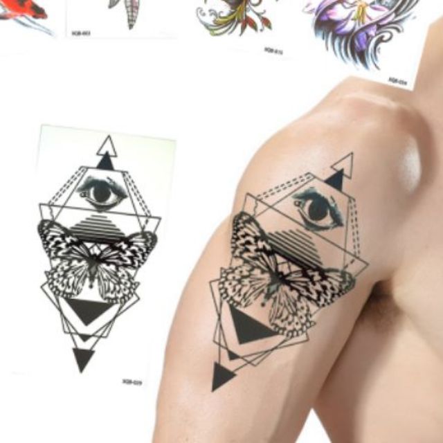 Hình xăm tatoo khối lập thể con mắt, bướm size vừa xqn029