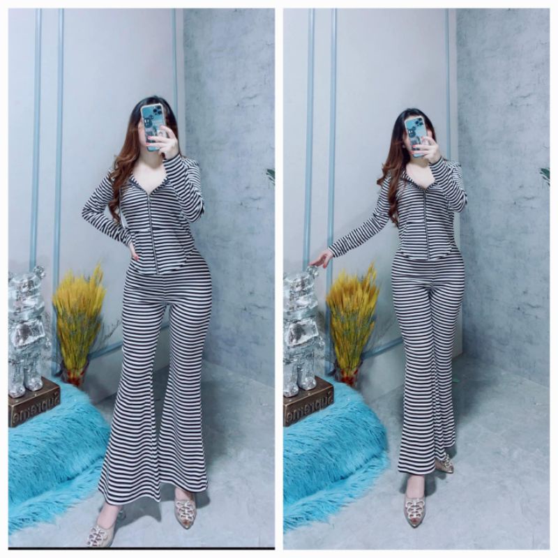 Đồ bộ nữ, set đồ bộ quần ống loe đai cao, áo ôm dài tay lai bầu phối nón và dây kéo vải thun cotton gân borip dầy dặn
