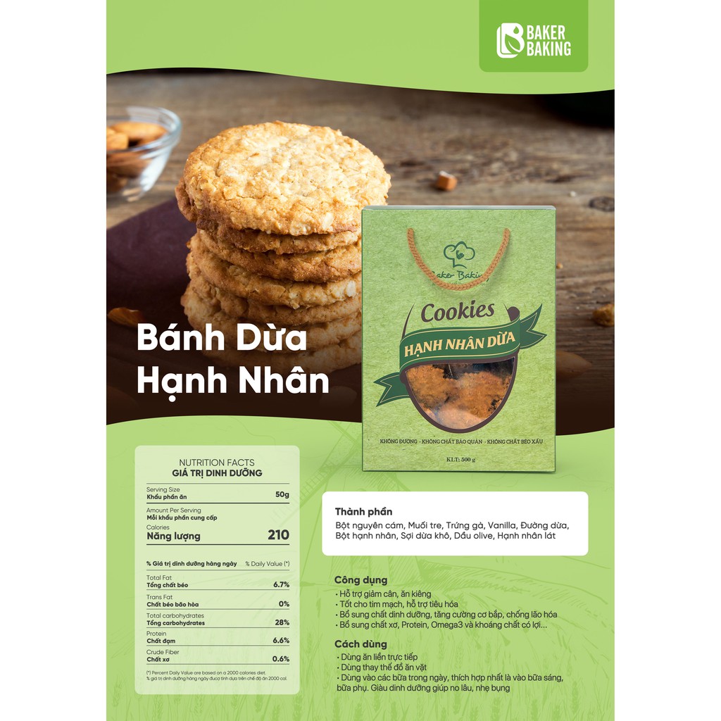 Cookie hạnh nhân dừa cao cấp 500g -  Baker Baking - chính hãng - ăn vặt, giảm cân, mẹ bầu, keto, gym