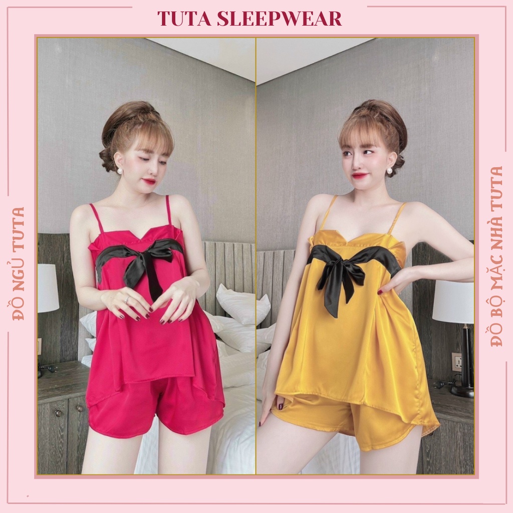 Đồ bộ mặc nhà dễ thương  bộ ngủ lụa 2 dây quần đùi chất liệu mềm mượt thoáng mát.
