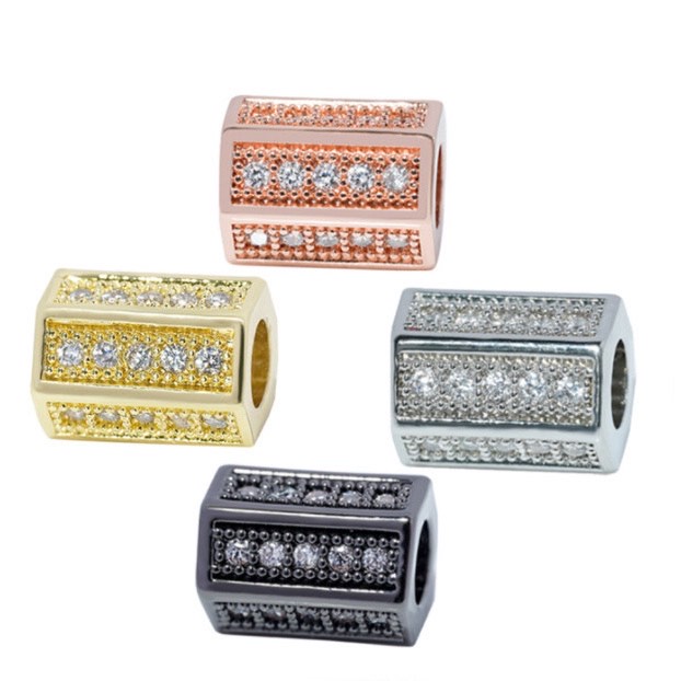 Hạt Trụ Lục Giá đính đá 1 hàng - Charm Phụ kiện trang sức xâu vòng tay nam nữ, chuỗi hạt bằng kim loại đồng zircon