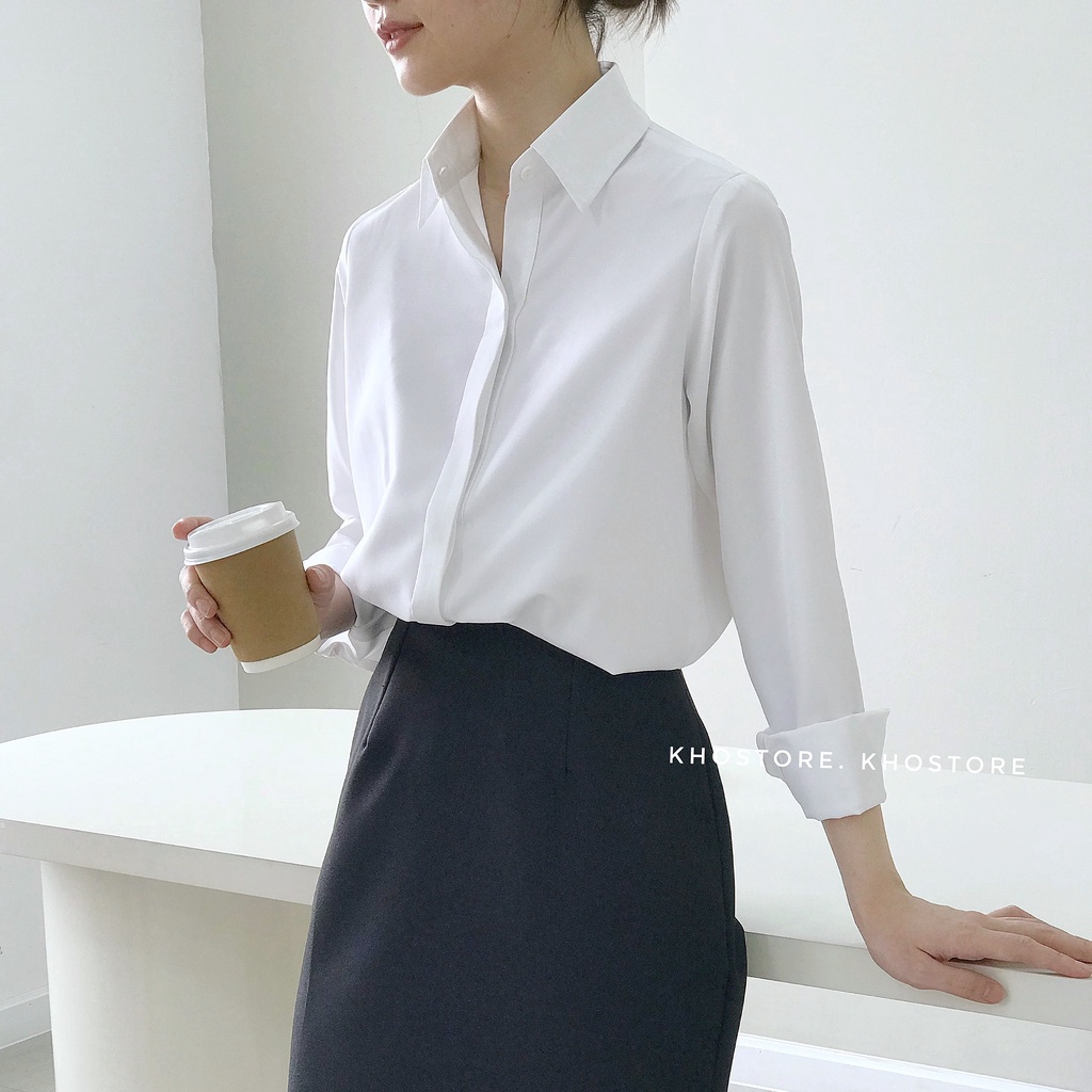 Áo sơ mi công sở nữ đẹp form rộng kiểu giấu cúc màu trắng chất vải không nhăn dày dặn mặc đi làm
