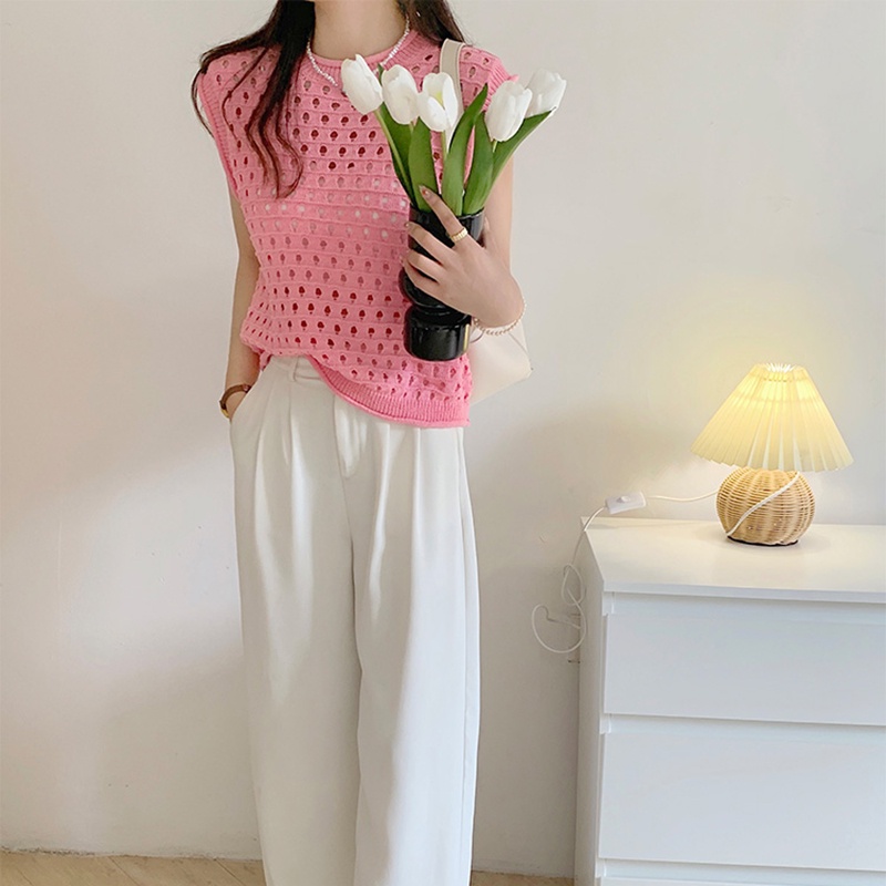 Áo dệt kim IELGY không tay cổ tròn màu trơn thời trang cho nữ