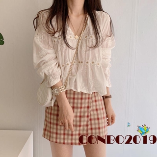 Áo kiểu nữ dài tay cổ chữ v phối ren thời trang