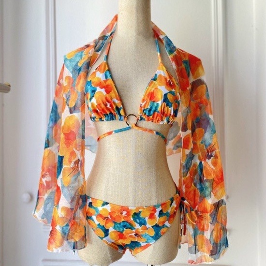 Bikini đồ bơi nữ 2 mảnh 3 món họa tiết hoa cam sexy kèm khăn cao cấp GALASSIA