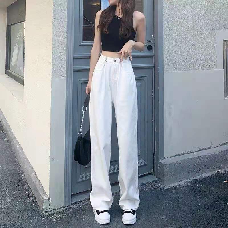 Quần jeans dài lưng cao ống rộng phối khuy gài eo đơn giản thời trang mùa thu dành cho nữ hàng loại 1