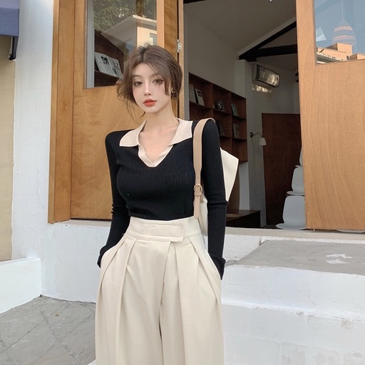 Cocory vn Áo len cổ chữ v tay dài dáng ôm phong cách retro thời trang dành cho nữ