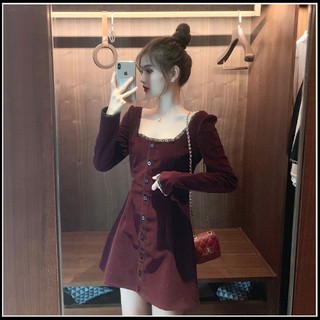 Váy nữ đẹp💔FREESHIP💔Đầm xinh cổ vuông phối ren chất liệu nhung đỏ trẻ trung