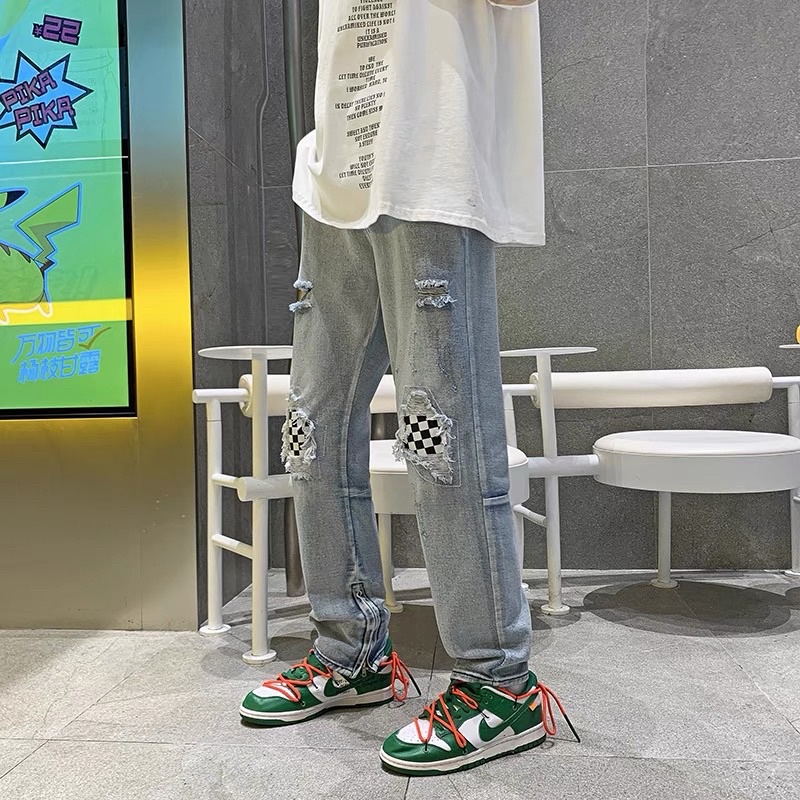 Quần jean rách caro streetwear ống suông zipper Quixotic