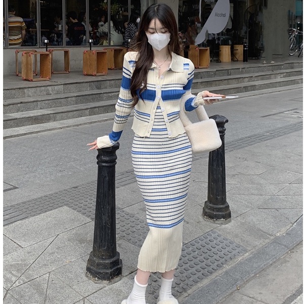 Đầm Hai Dây Dệt Kim Co Giãn Họa Tiết Kẻ Sọc + Áo Sơ Mi Dệt Kim Phong Cách Hàn Quốc Thời Trang Quyến Rũ Cho Nữ