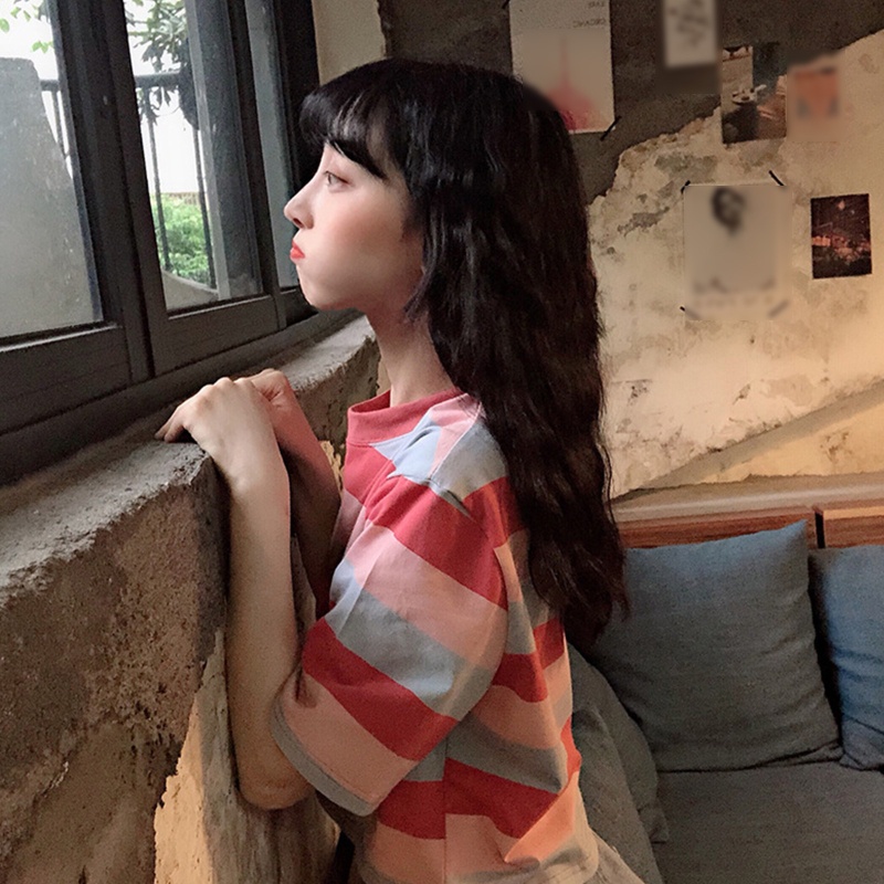 Áo Thun Crop Top Tay Ngắn Cổ Tròn Họa Tiết Kẻ Sọc Màu Cầu Vồng Phong Cách Harajuku Thời Trang Cho Nữ