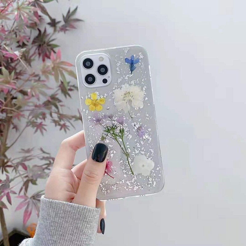 Real Dried Flowers Silver Foil Case For iPhone 12 11 Pro Max SE2020 XR XSMAX X 7 8 Plus Transparent Cover