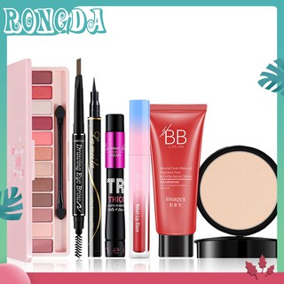 Set mỹ phẩm trang điểm gồm bảng phấn mắt + Mascara + phấn phủ dạng nén + chì kẻ mày + son môi đa năng