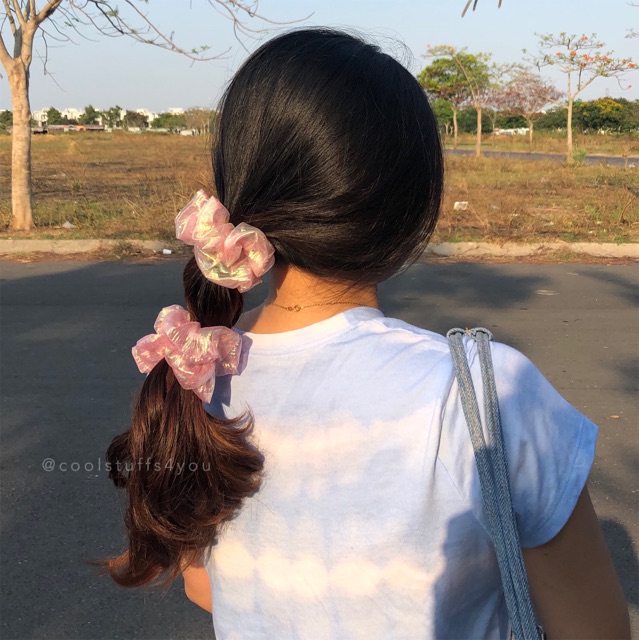 Đồ buộc tóc scrunchies voan phồng Thạch Anh Hồng