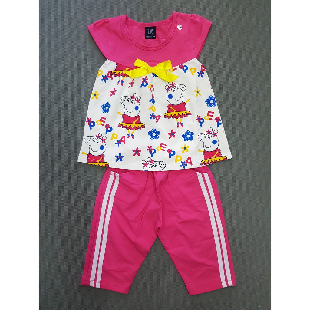 Bộ thun cotton tay cánh tiên bé gái in heo peppa