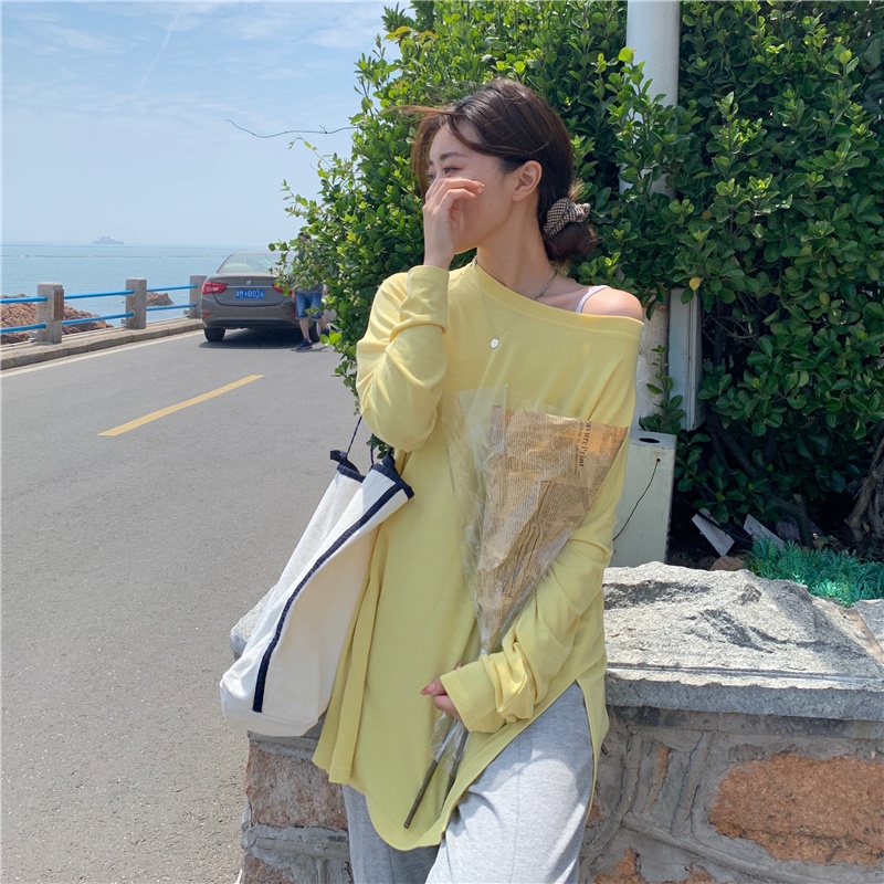 Áo Thun Tay Dài Dáng Rộng Xẻ Tà Kiểu Hàn Quốc Thời Trang Mùa Thu Cho Nữ