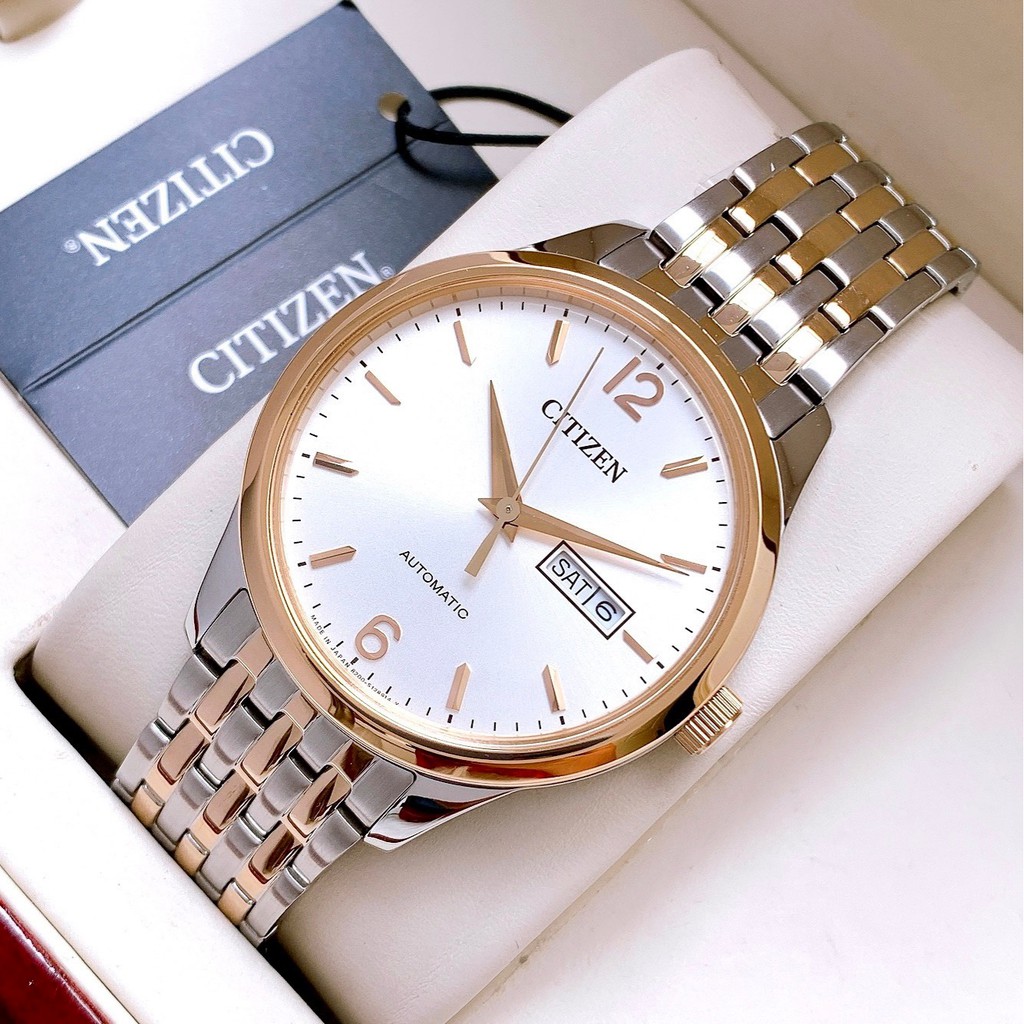 Đồng hồ Nam chính hãng Citizen Automatic NH7504-52A Mặt trắng,Lịch ngày-Máy cơ tự động-Dây kim loại Demi-Size 40mm