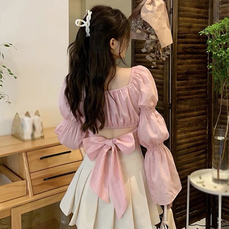 Áo Croptop Áo Kiểu Áo Sơ Mi Nữ Chiffon Tay Dài Cổ Vuông Hở Rốn Phong Cách Hàn Quốc Ngọt Ngào Cho Nữ