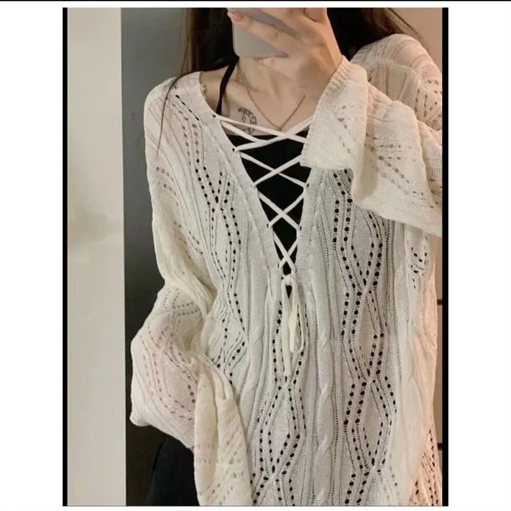 Áo Dệt Kim Tay Dài Dáng Rộng Cổ Chữ V Hở Lưng Thời Trang Cho Nữ