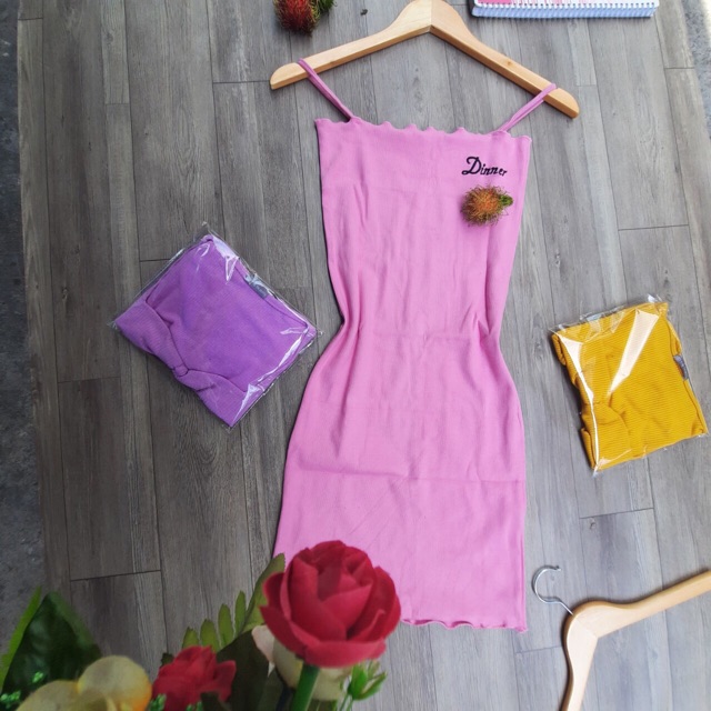 Đầm 2 dây ,đầm dây thêu dines màu tím
