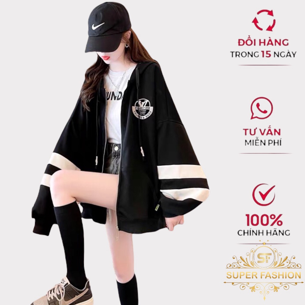 Áo khoác nữ form rộng kiểu hoodie nỉ khóa kéo Super Fashion