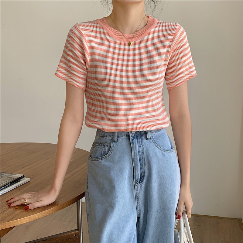 Áo Thun Dệt Kim Tay Ngắn Dáng Ôm In Họa Tiết Kẻ Sọc Thời Trang Mùa Hè 2022 Cho Nữ