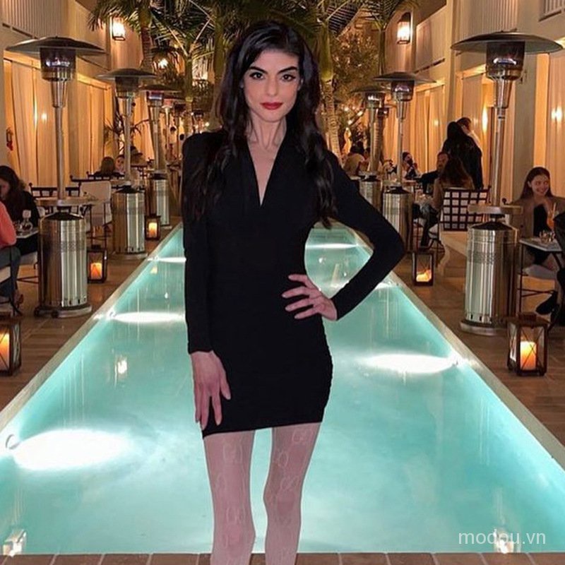Đầm bodycon cổ chữ V tay dài 6Z0F