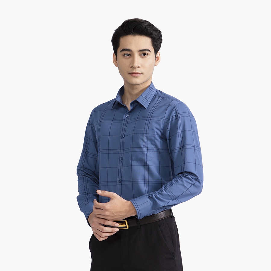Áo sơ mi nam dài tay ARISTINO ALS34002 somi công sở vải sợi sồi cao cấp màu xanh than kẻ đen dáng suông tà lượn có túi